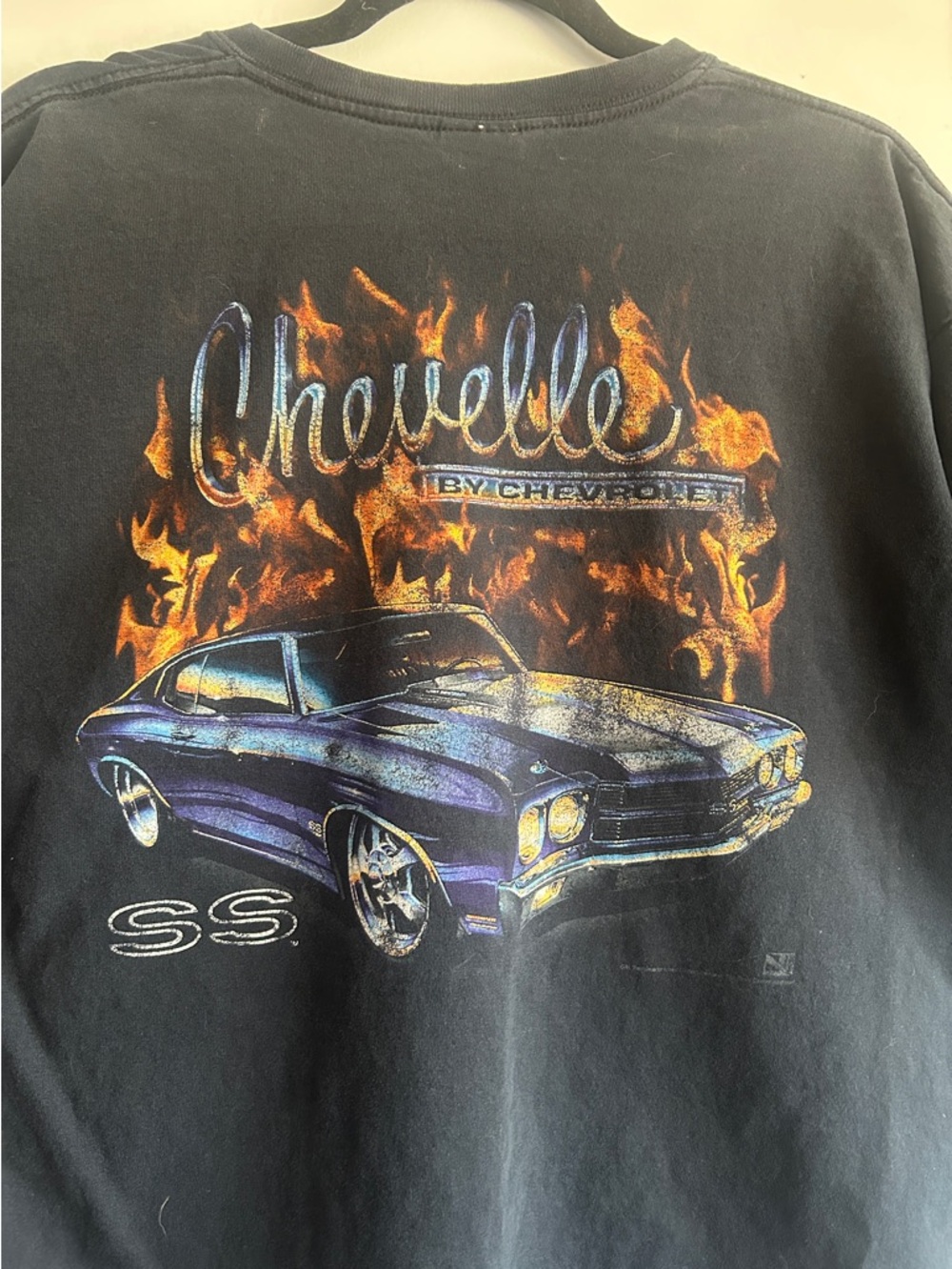 XL vintage Chevelle SS Black Short-Sleeve T-Shirt with flaming graphic